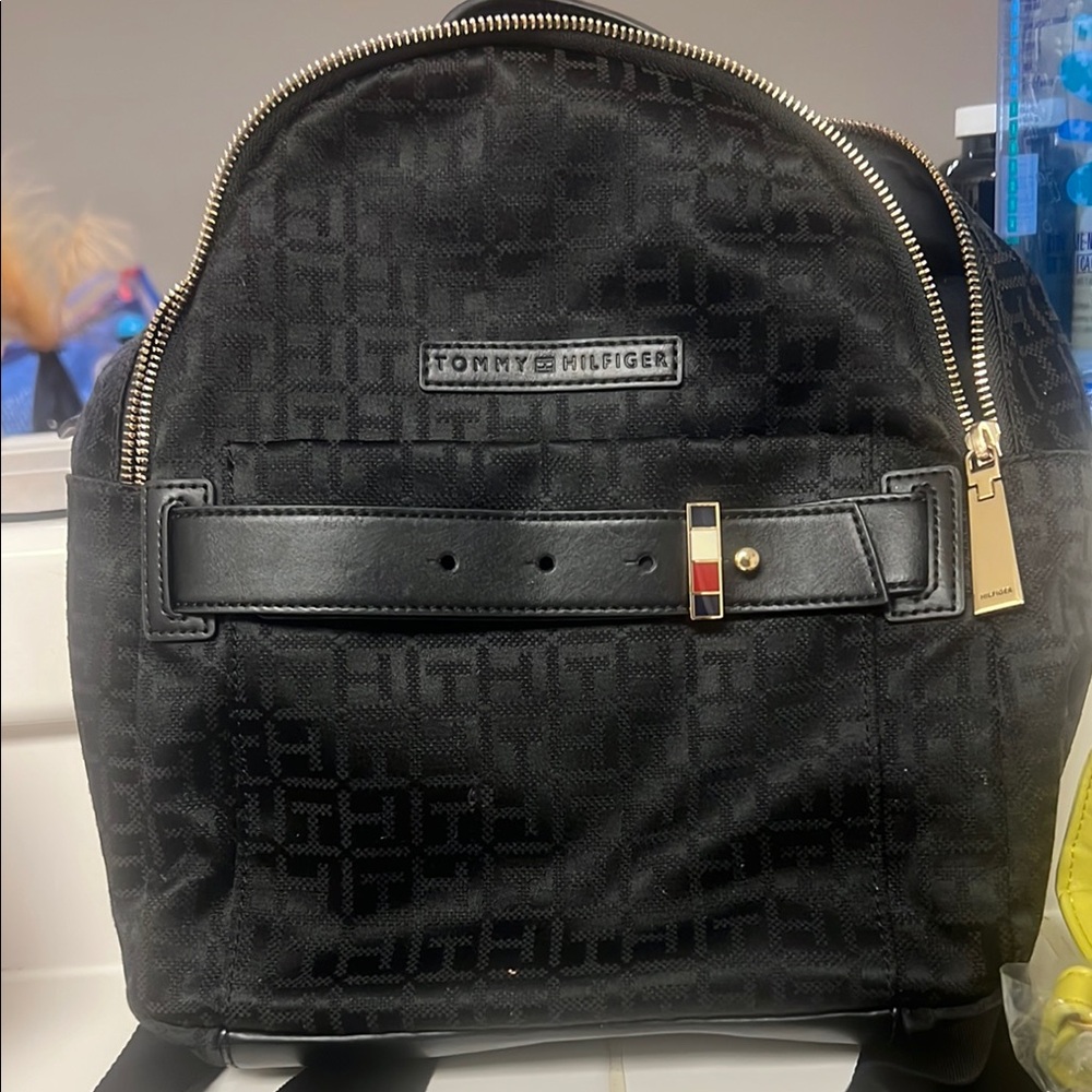Tommy Hilfiger Black Monogram Backpack with Gold Accents